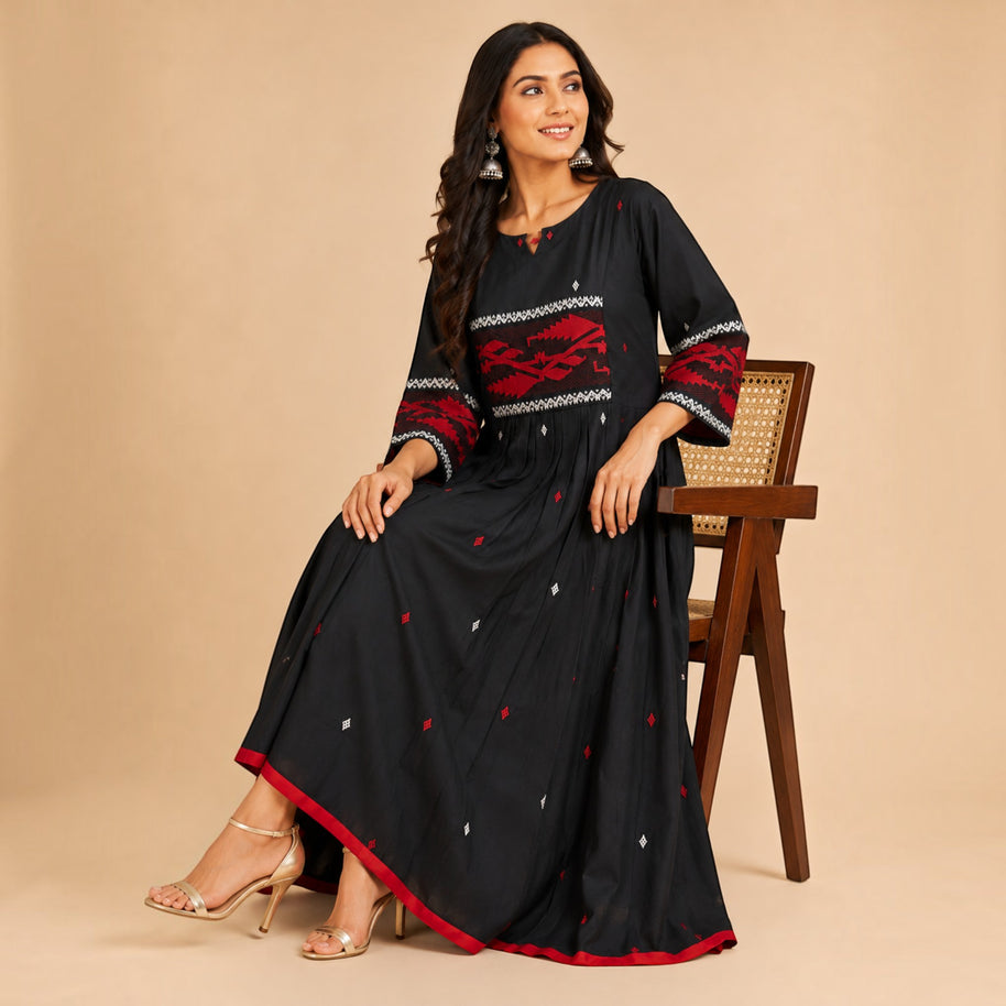 Black Red Handloom Jamdani Cotton Dress