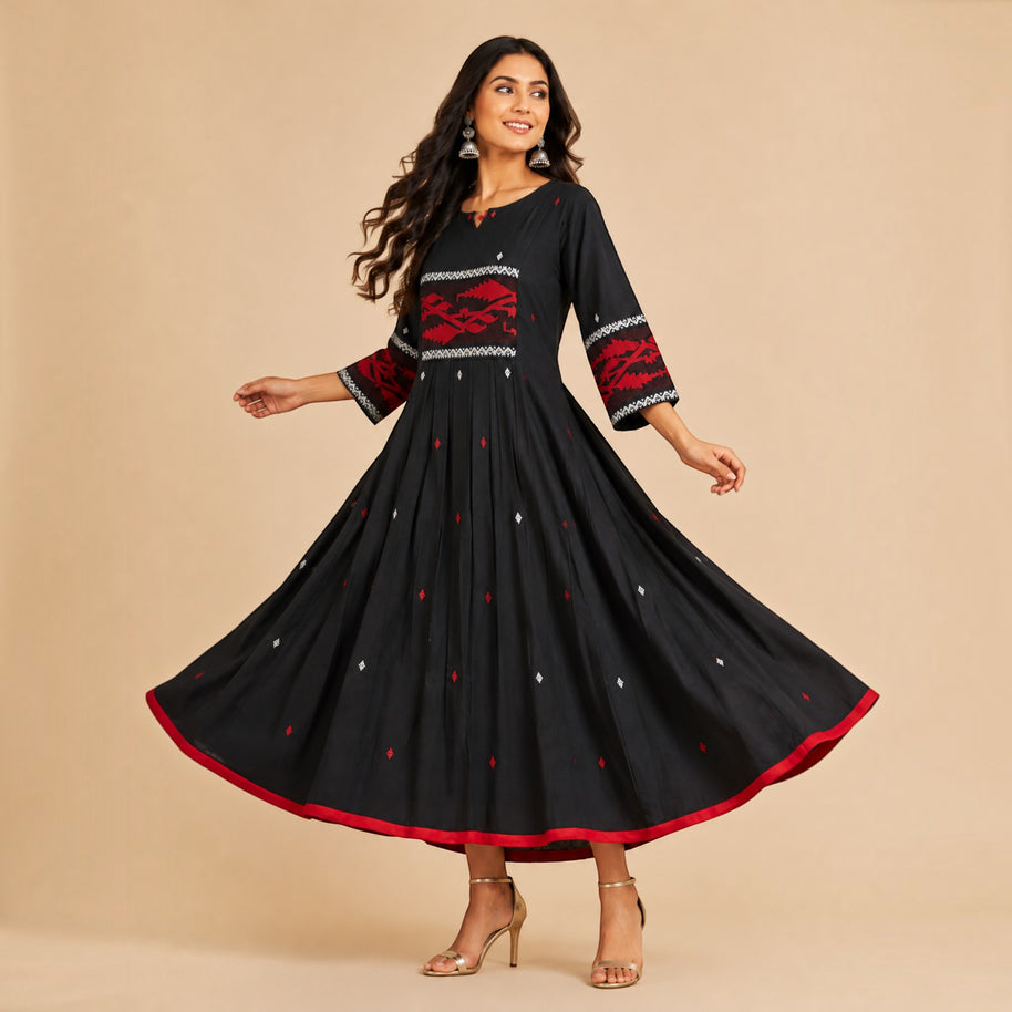 Black Red Handloom Jamdani Cotton Dress