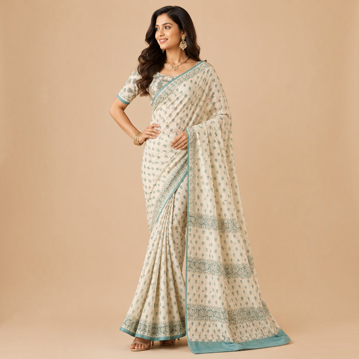 Cream Floral Silk Saree