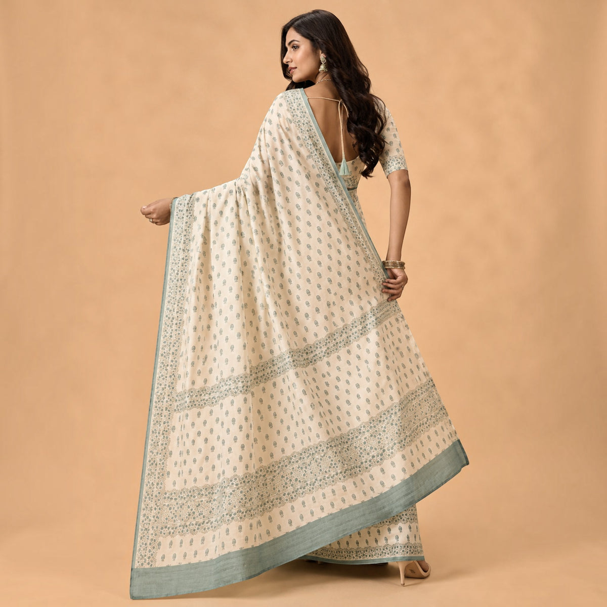 Cream Floral Silk Saree