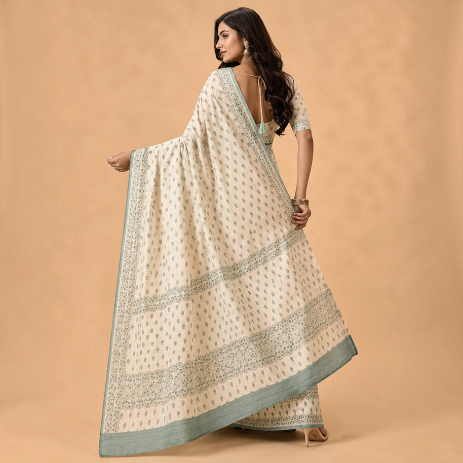 Cream Floral Silk Saree