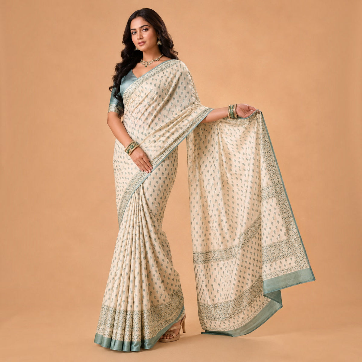 Cream Floral Silk Saree