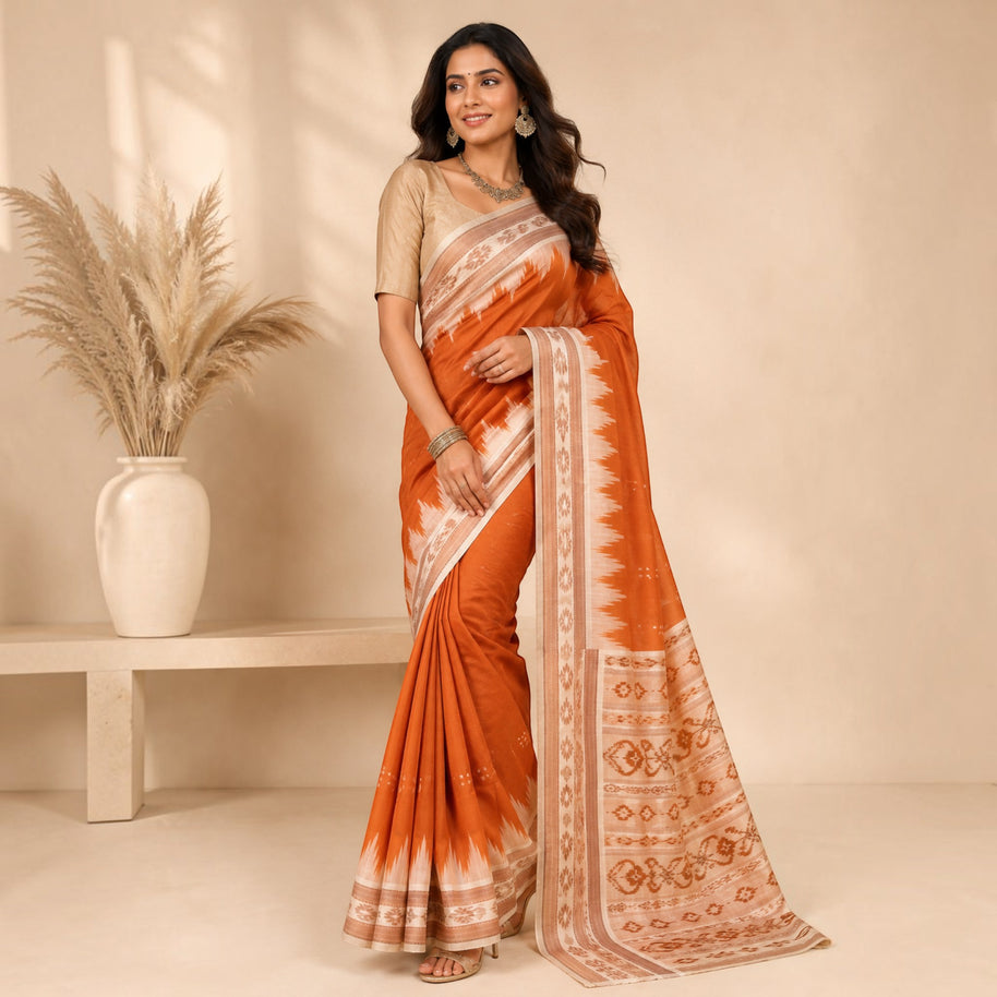 Rust Orange Handwoven Khandua Patta Silk Saree