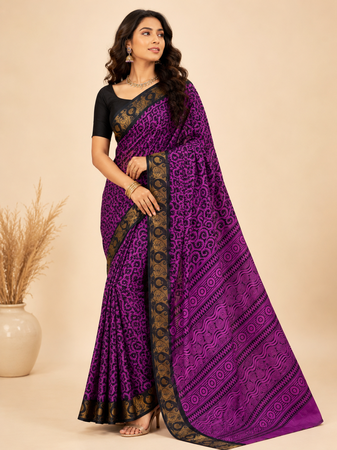 Purple Floral Cotton Saree