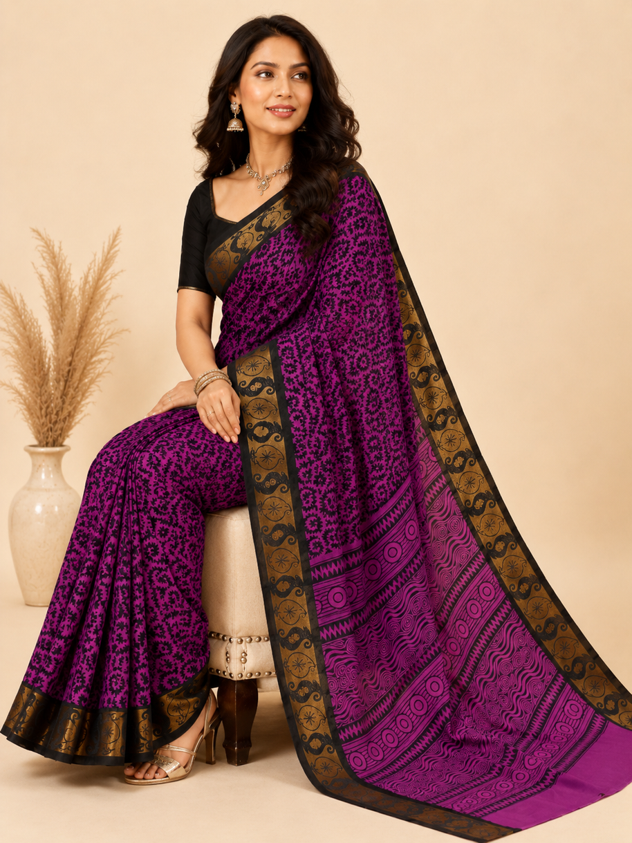 Purple Floral Cotton Saree
