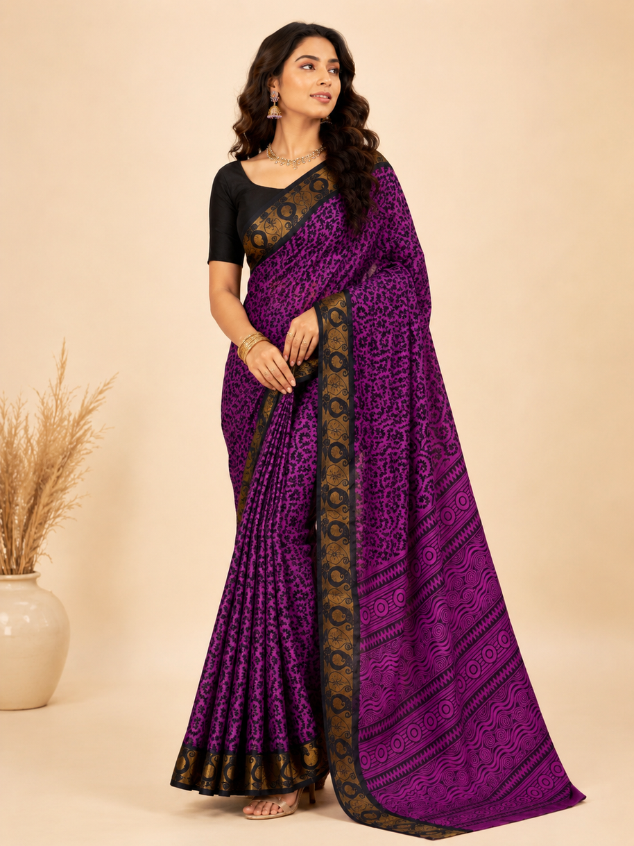 Purple Floral Cotton Saree