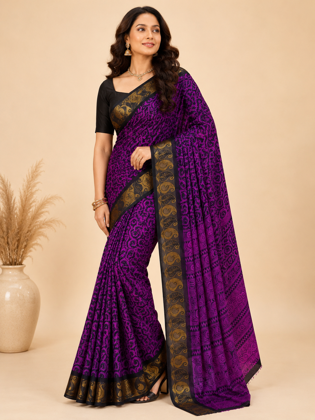Purple Floral Cotton Saree