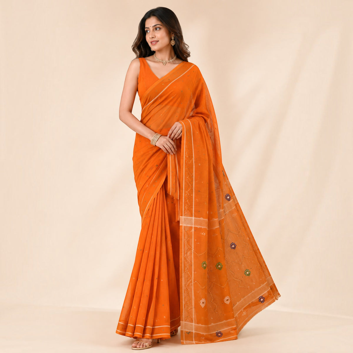 Orange Cotton Saree