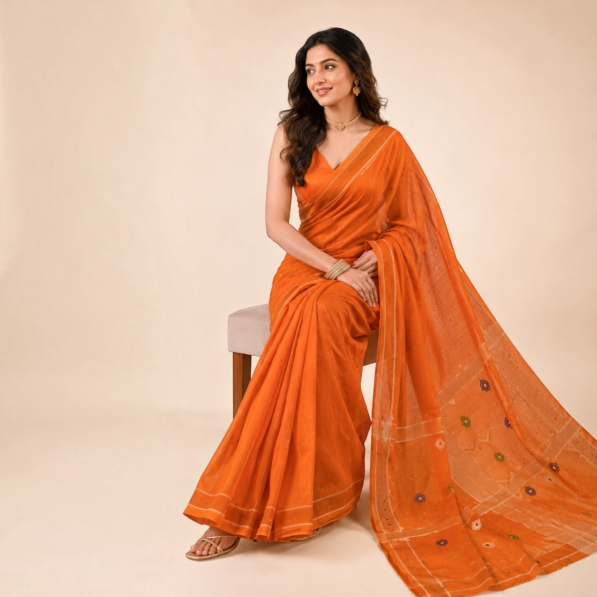 Orange Cotton Saree