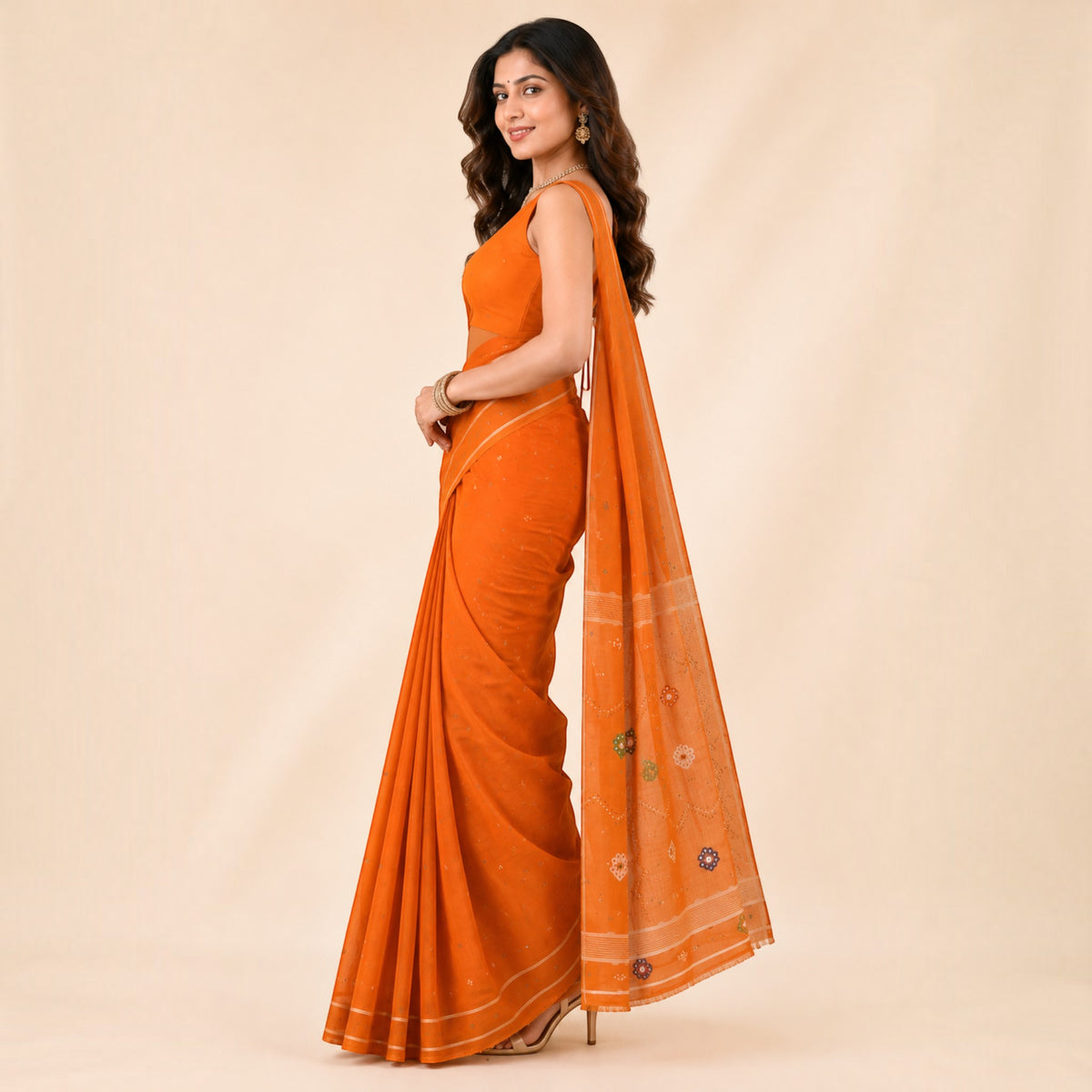 Orange Cotton Saree