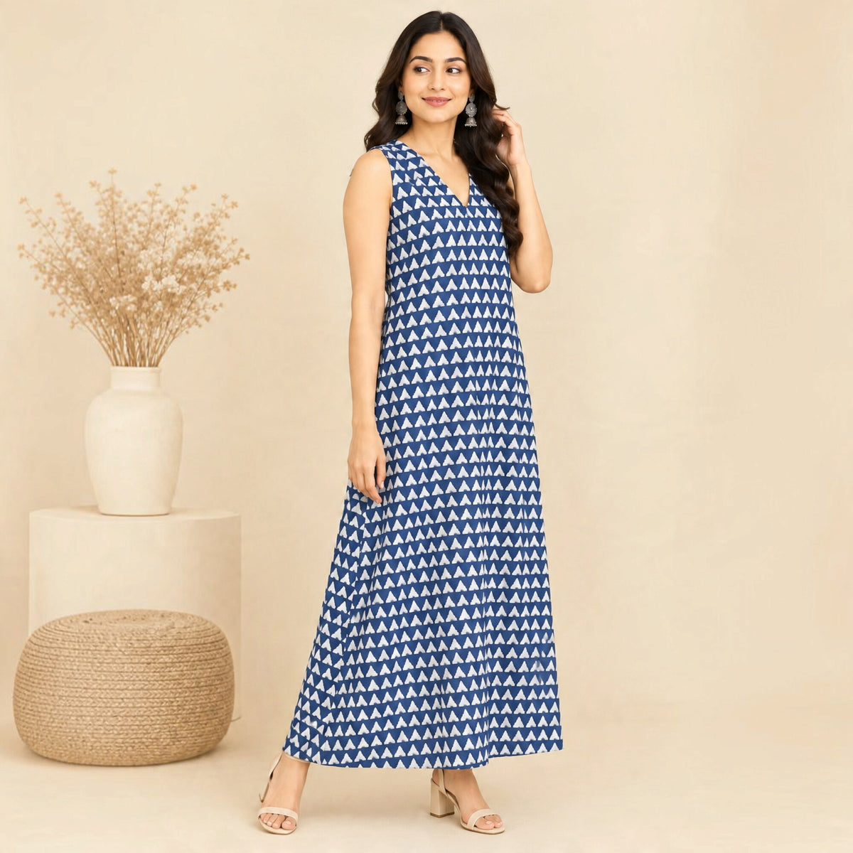 Indigo Triangle Print A-Line Long Dress