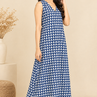 Indigo Triangle Print A-Line Long Dress