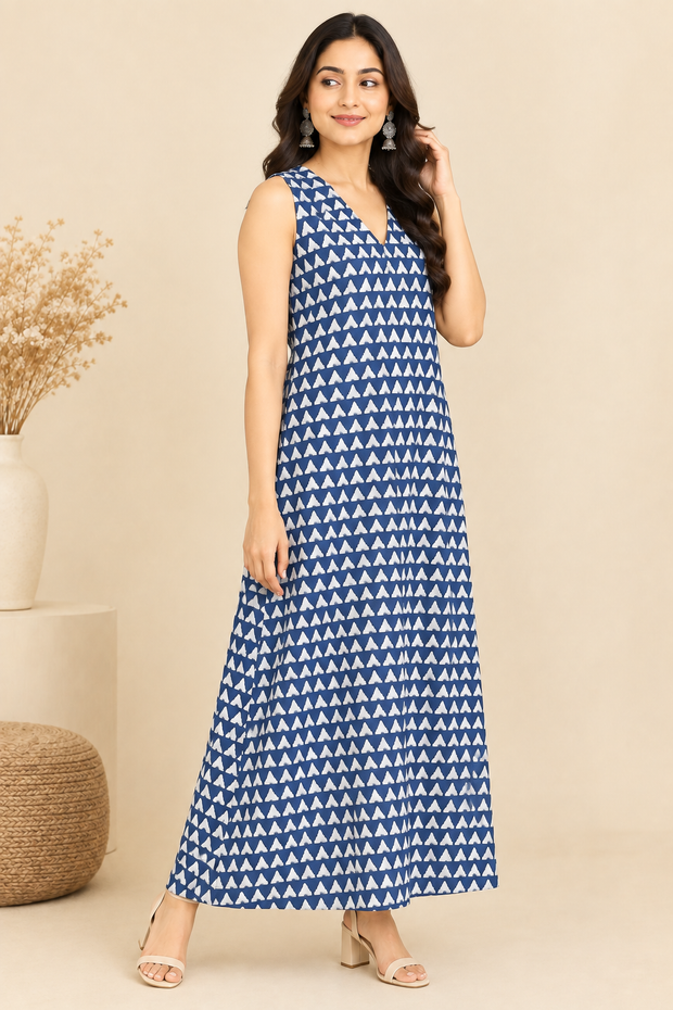Indigo Triangle Print A-Line Long Dress