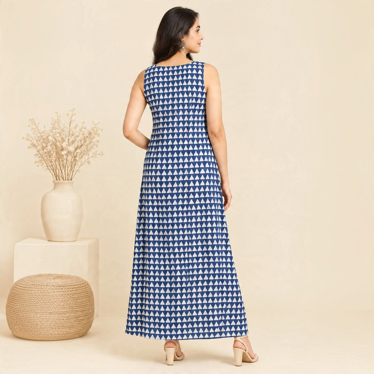 Indigo Triangle Print A-Line Long Dress