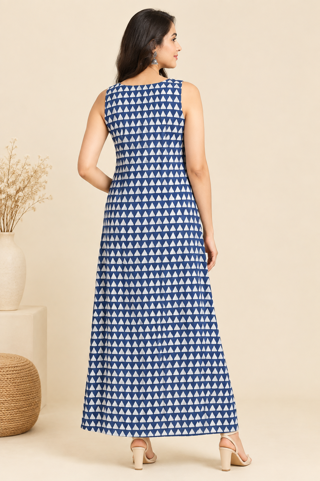 Indigo Triangle Print A-Line Long Dress