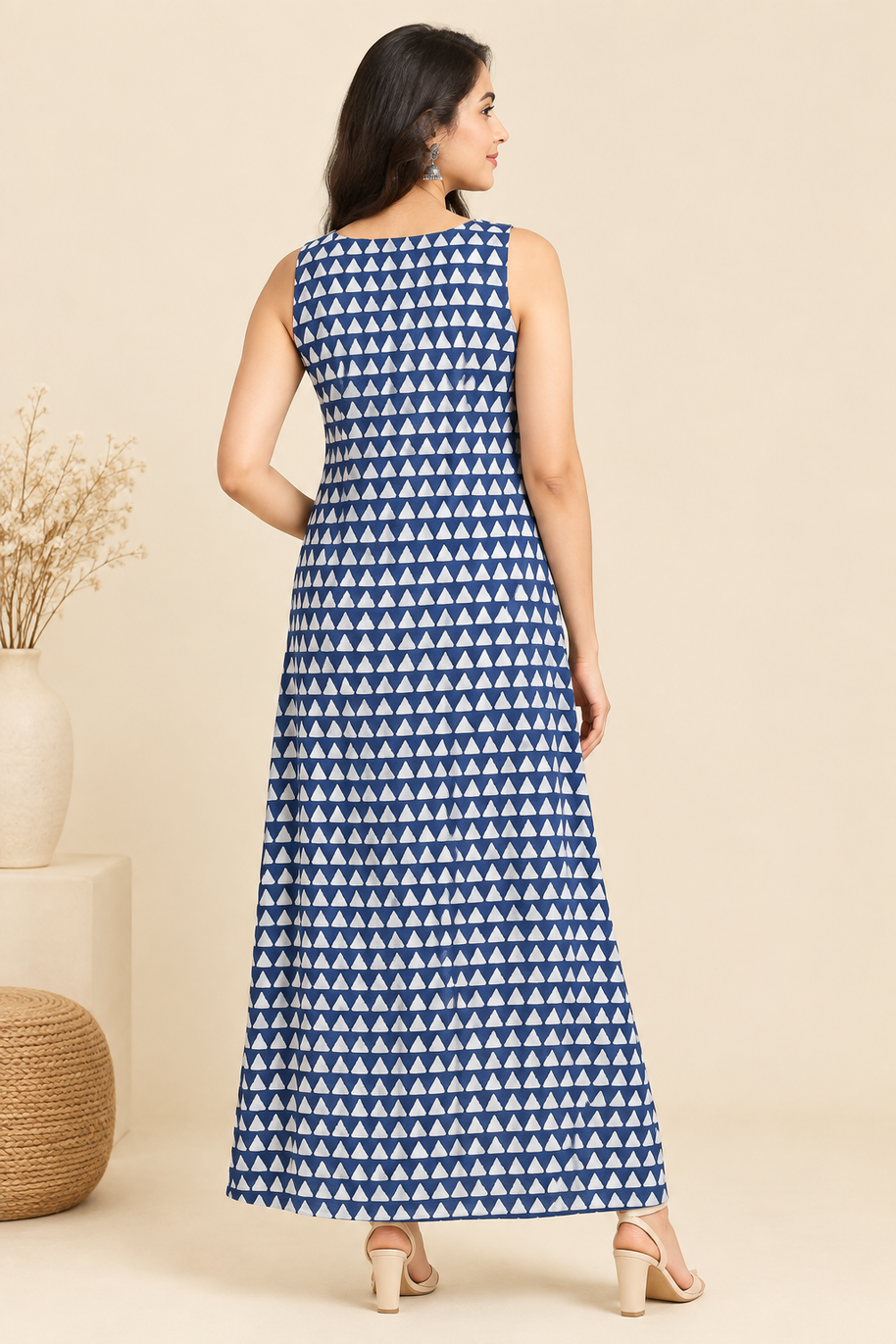 Indigo Triangle Print A-Line Long Dress