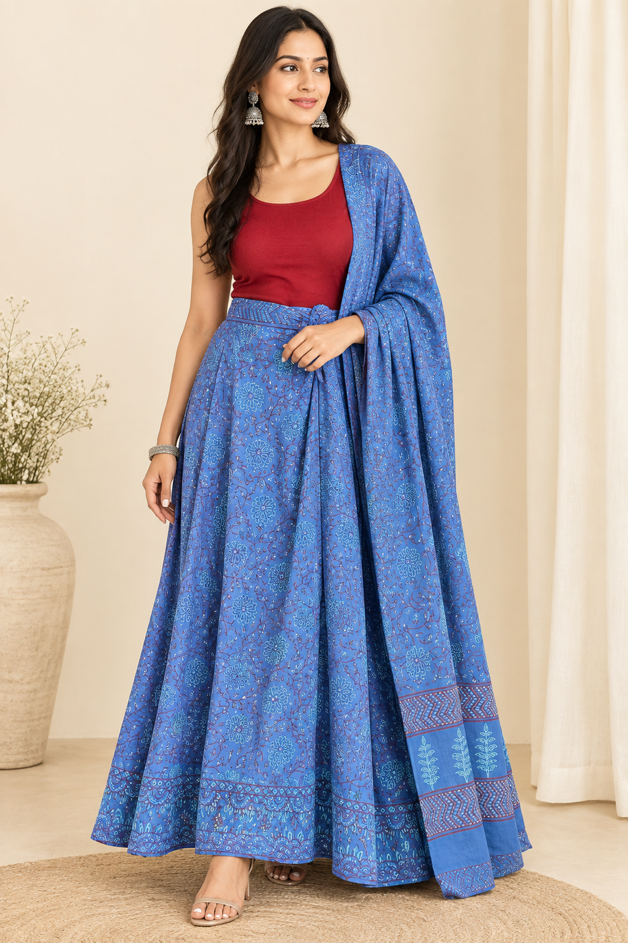 Blue Handblock Cotton Wrap Around Skirt