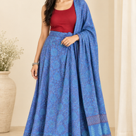 Blue Handblock Cotton Wrap Around Skirt