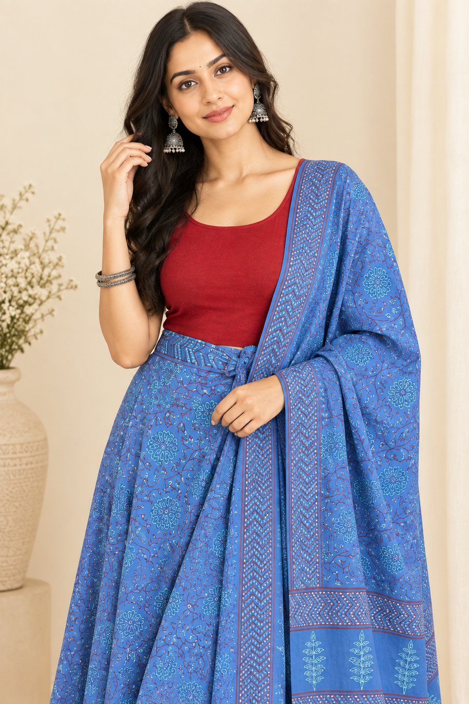 Blue Handblock Cotton Wrap Around Skirt