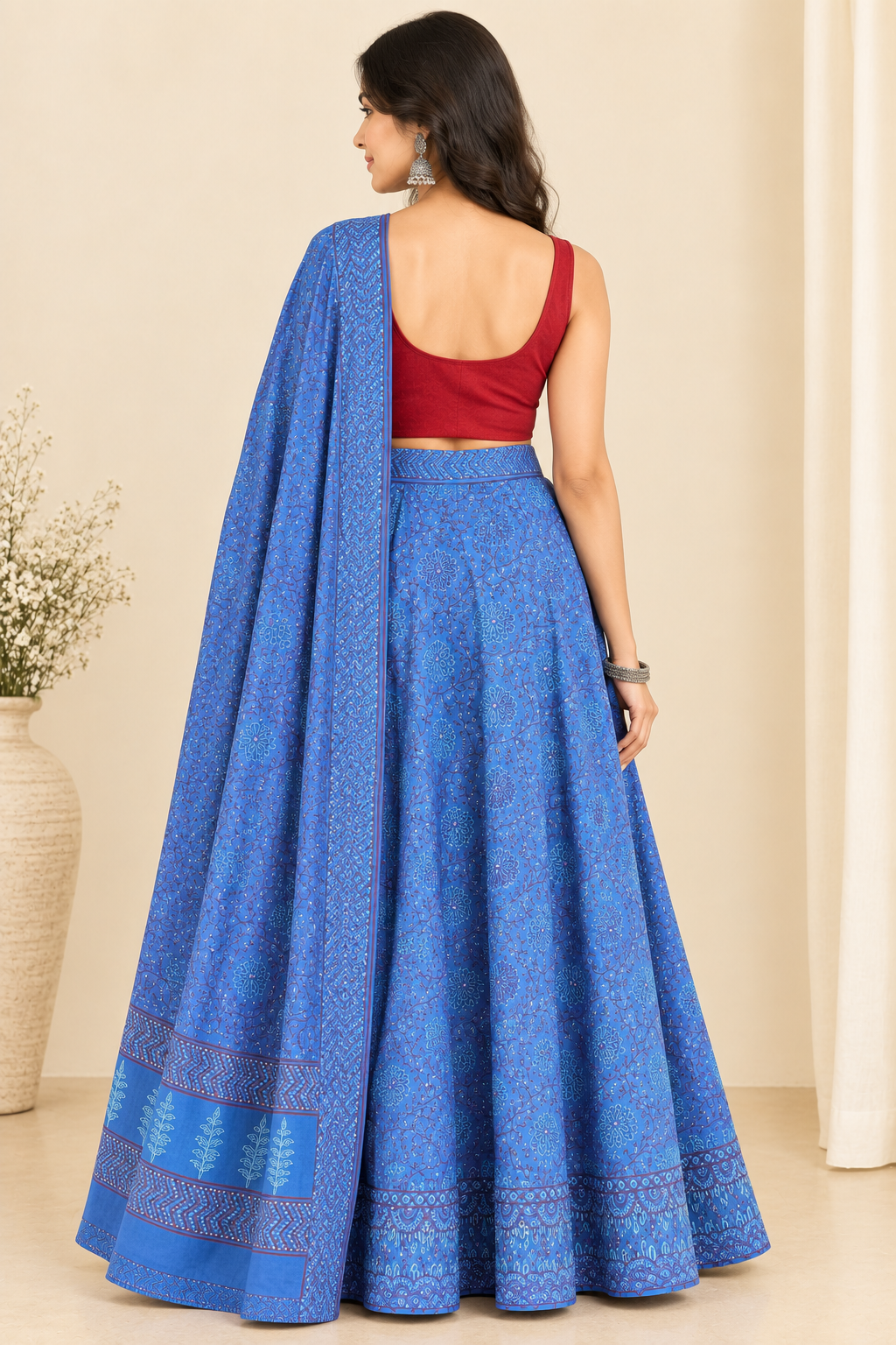 Blue Handblock Cotton Wrap Around Skirt