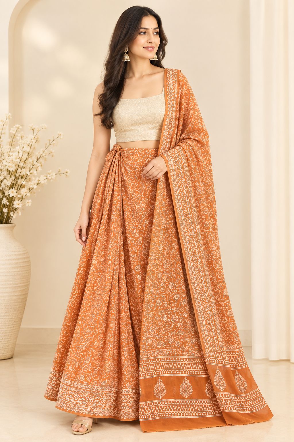 Orange Handblock Print Cotton Wrap Around Skirt