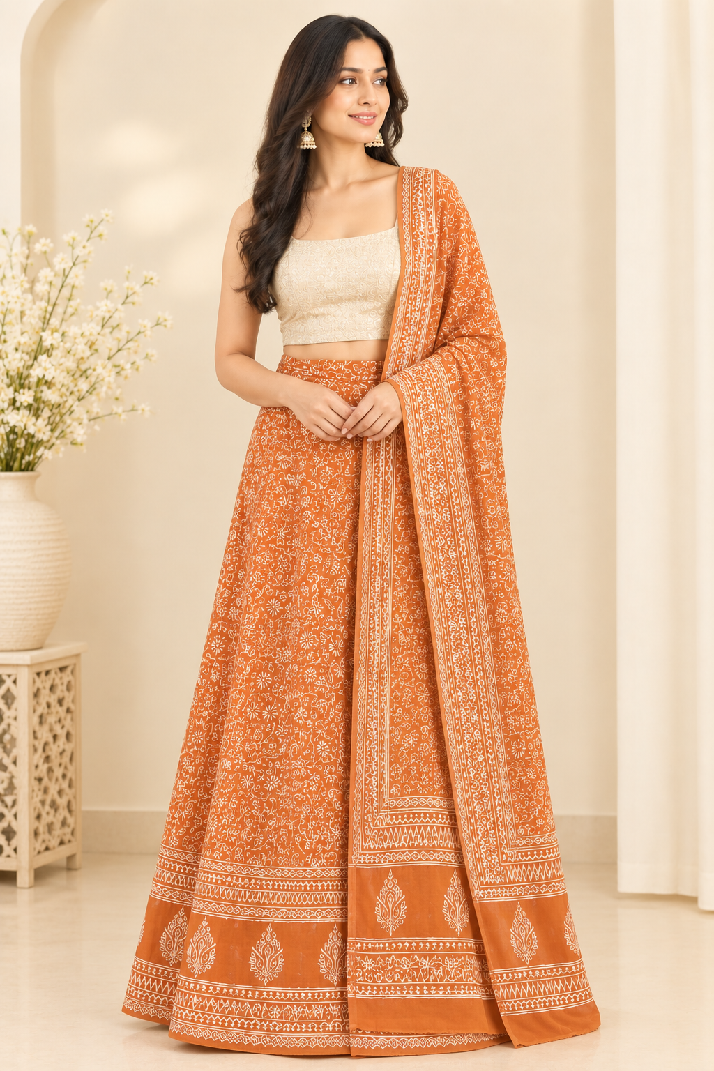 Orange Handblock Print Cotton Wrap Around Skirt
