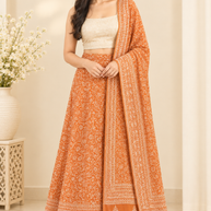 Orange Handblock Print Cotton Wrap Around Skirt