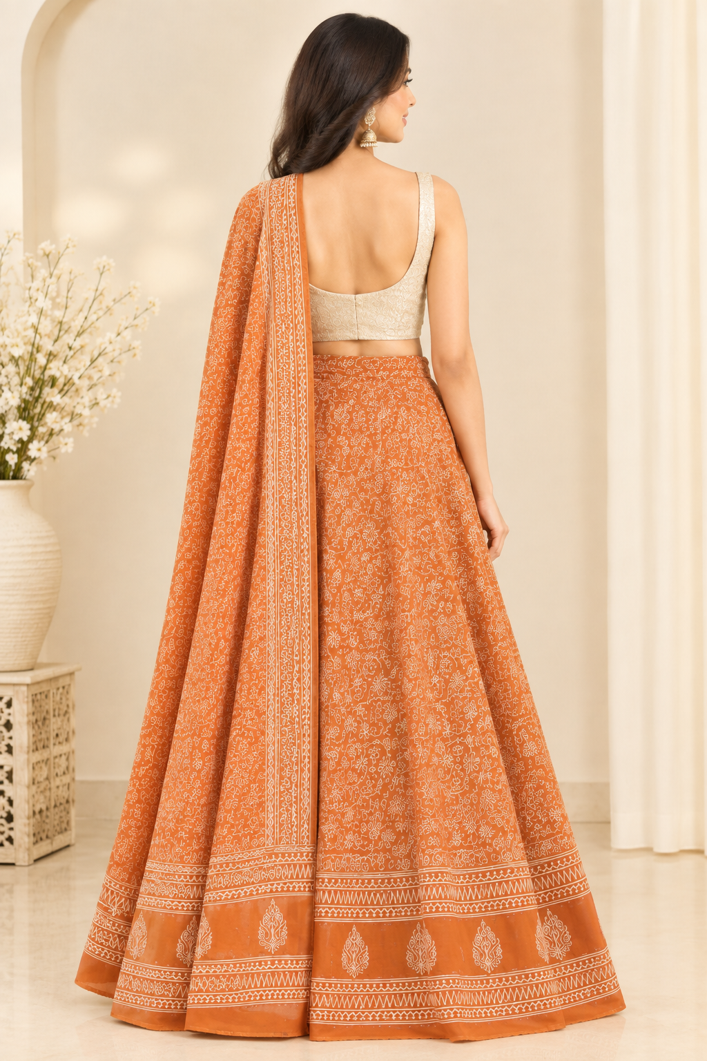 Orange Handblock Print Cotton Wrap Around Skirt