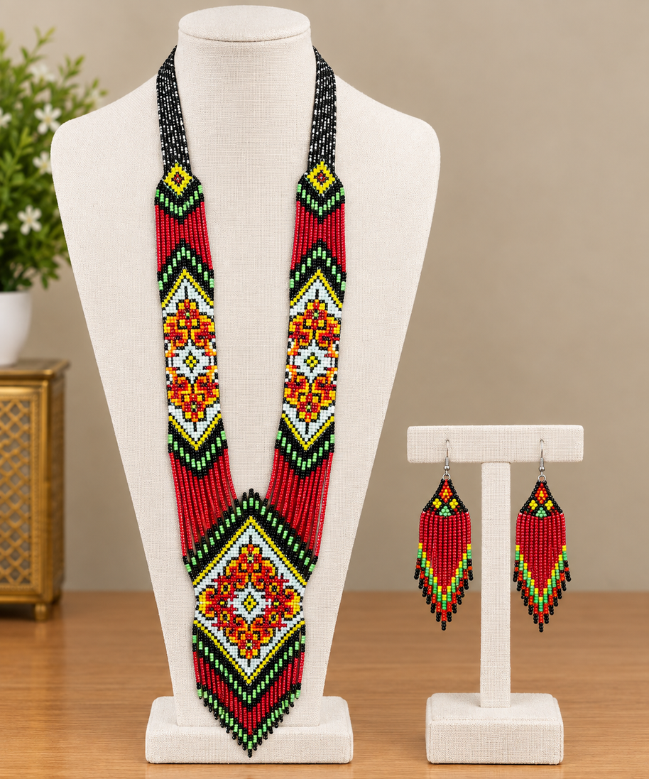 Red Multicolor Beaded Necklace Set