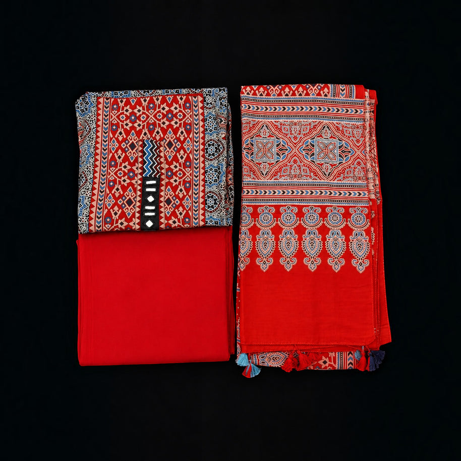 Offwhite Maroon Ajrakh Mashroom Silk Suit