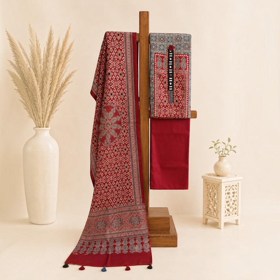 Offwhite Maroon Ajrakh Mashroom Silk Suit