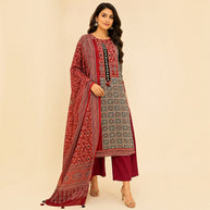 Offwhite Maroon Ajrakh Mashroom Silk Suit