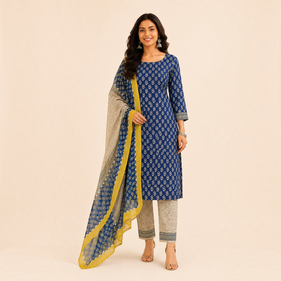 Blue Floral Maheswari Silk Salwar Suit