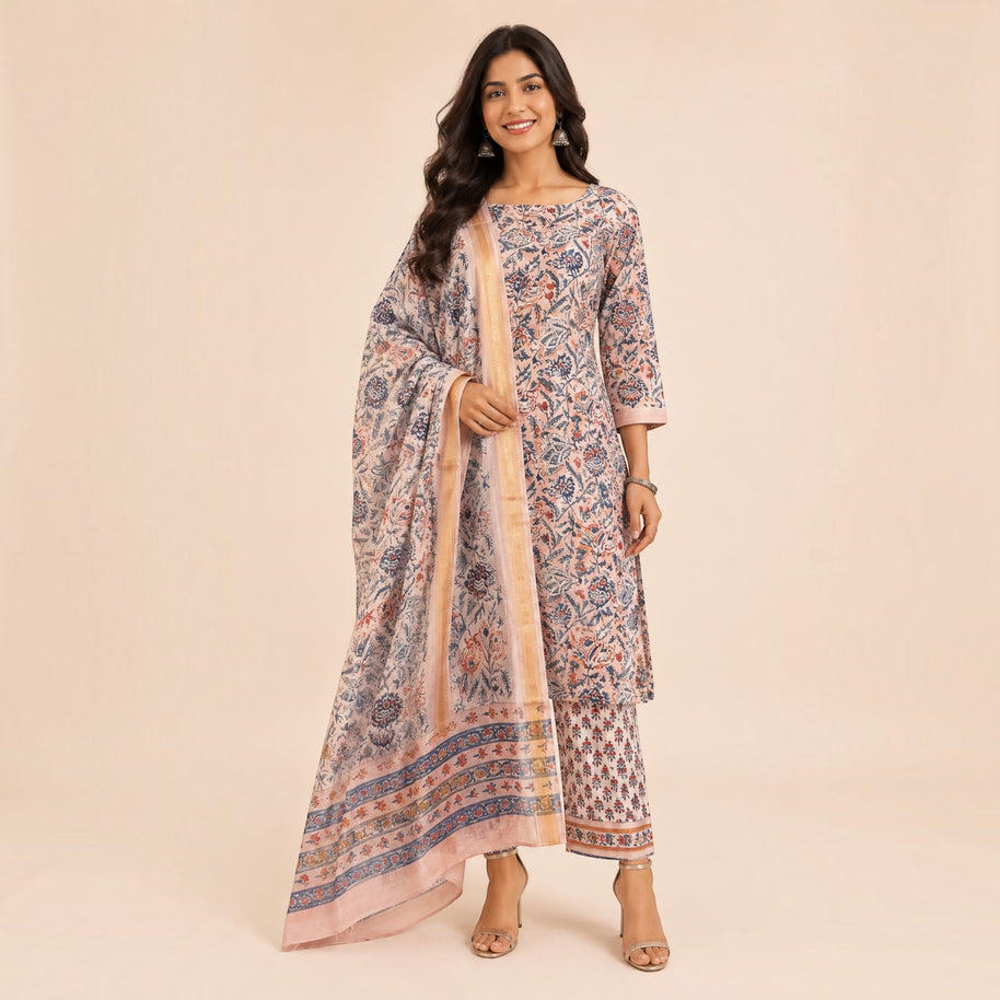 Pink Blue Floral Maheswari Silk Salwar Suit