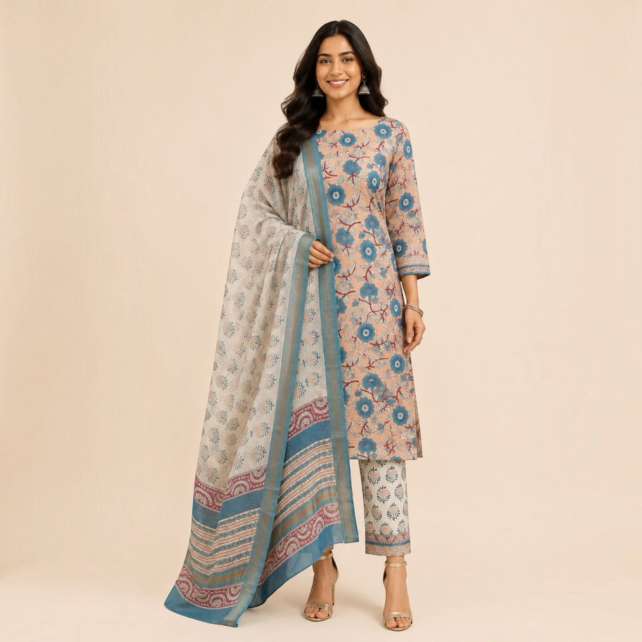 Peach Floral Maheswari Silk Salwar Suit