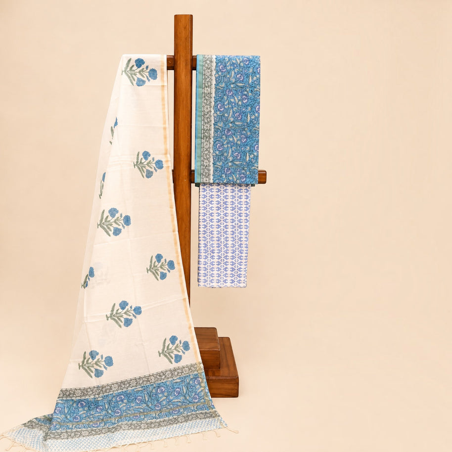 Sky Blue Floral Chanderi Silk Salwar Suit