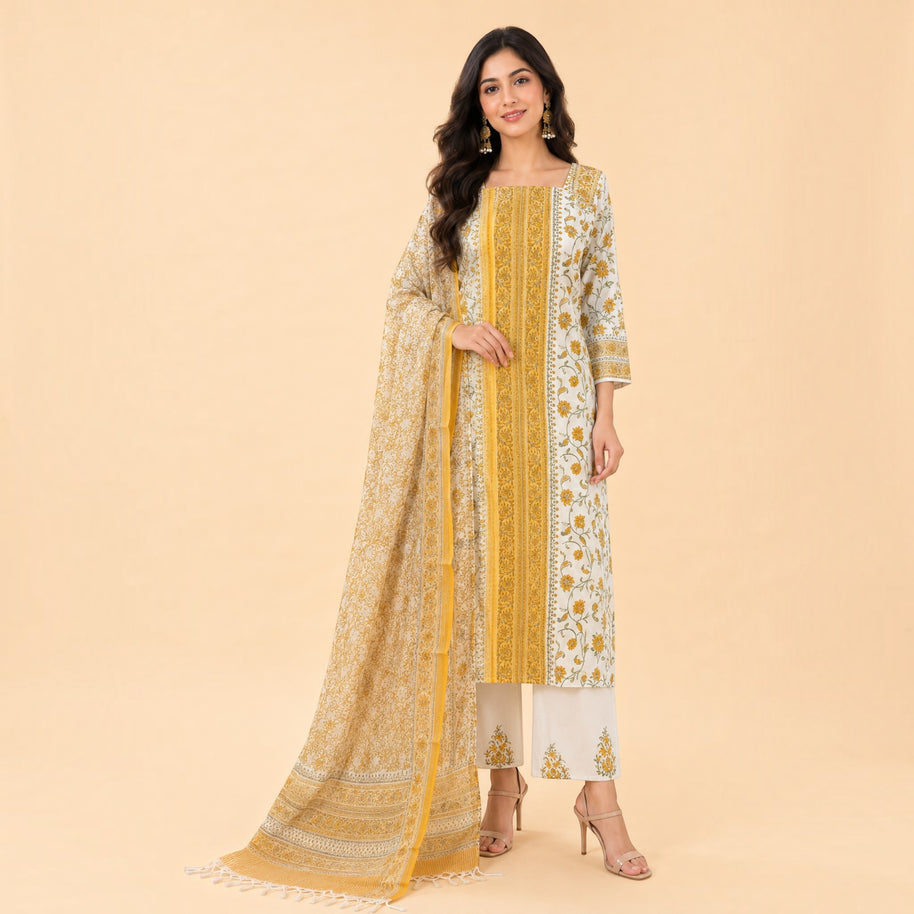 White Yellow Floral Cotton Salwar Suit