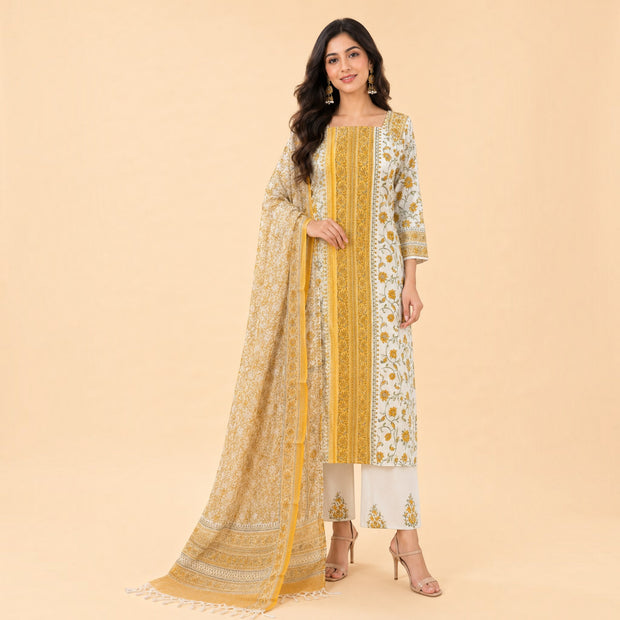 White Yellow Floral Cotton Salwar Suit