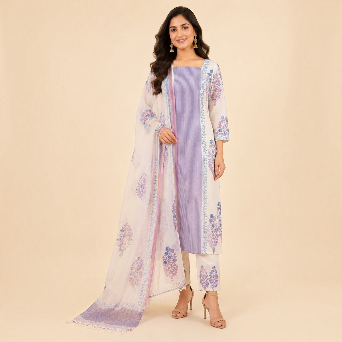 White Blue Floral Cotton Salwar Suit