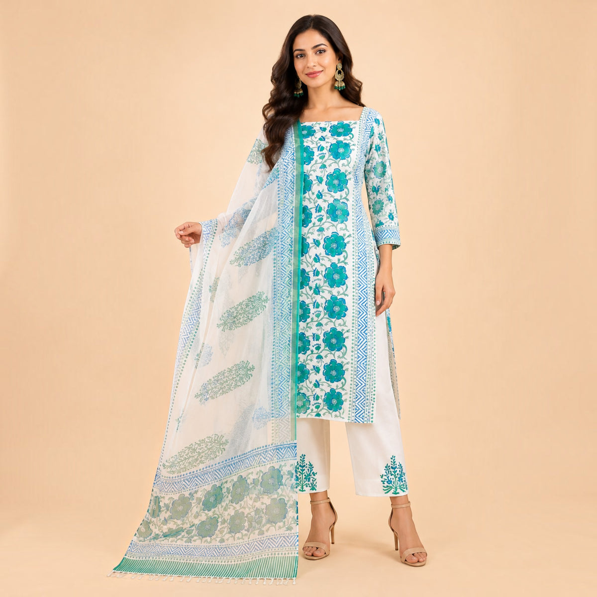 White Green Floral Cotton Salwar Suit