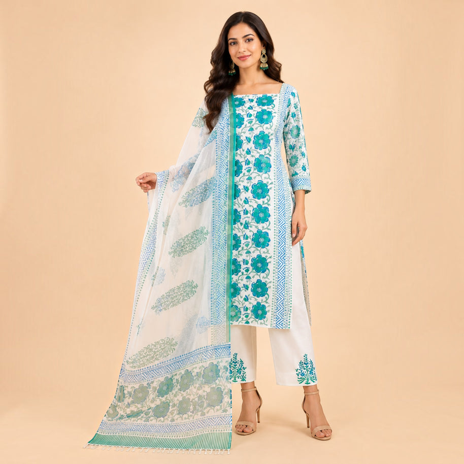 White Green Floral Cotton Salwar Suit