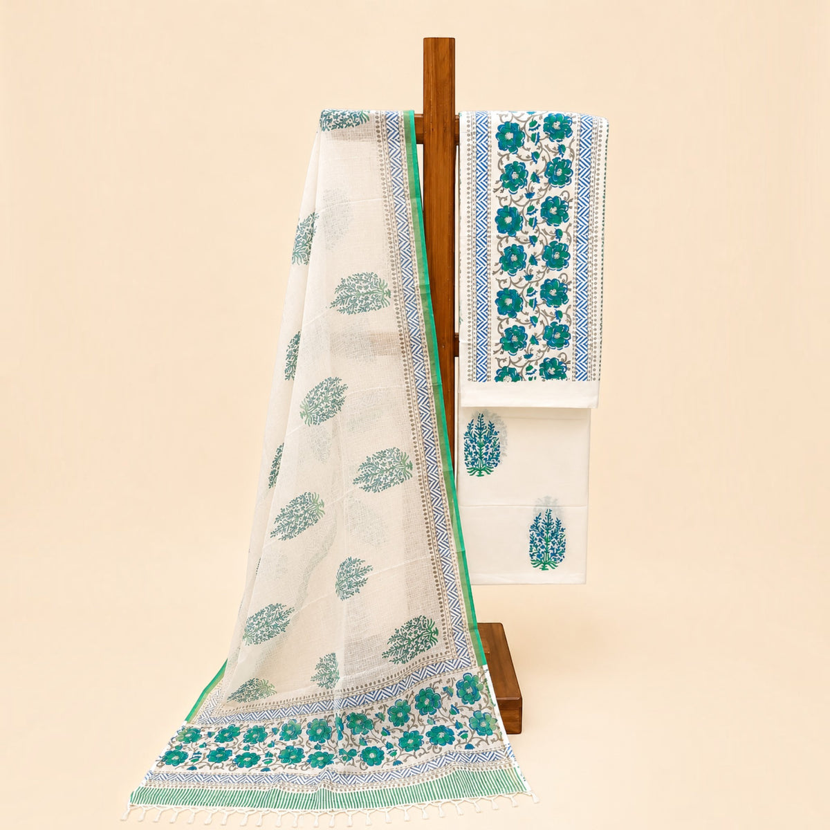 White Green Floral Cotton Salwar Suit