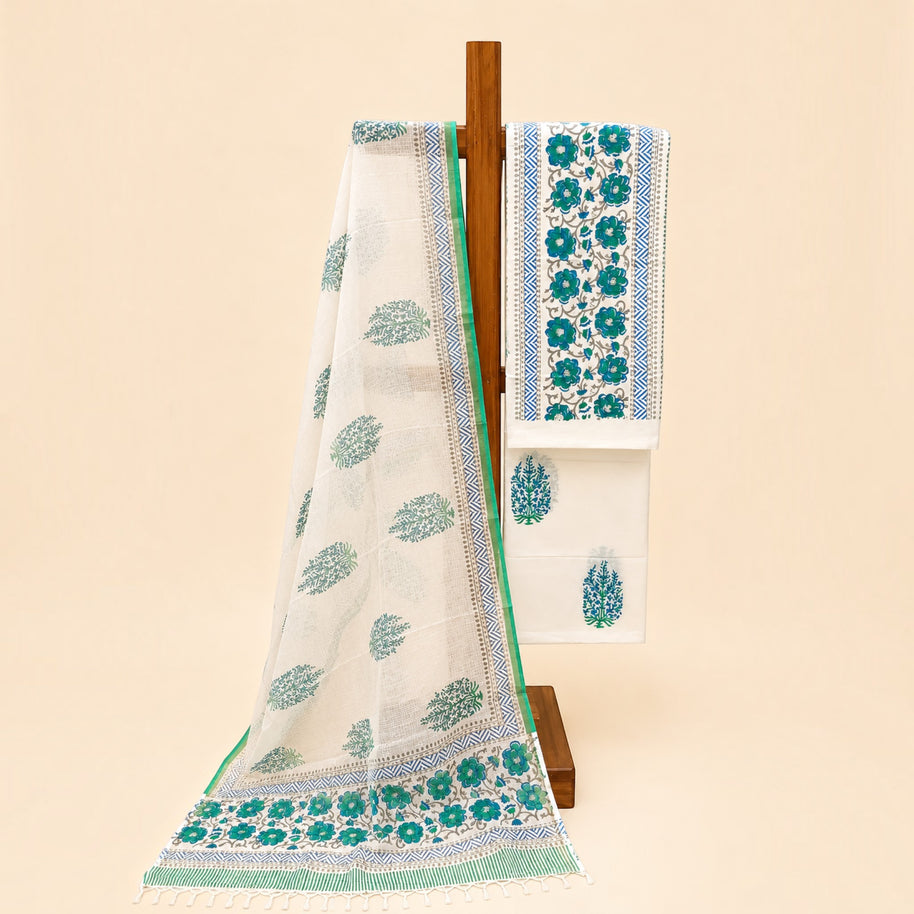 White Green Floral Cotton Salwar Suit