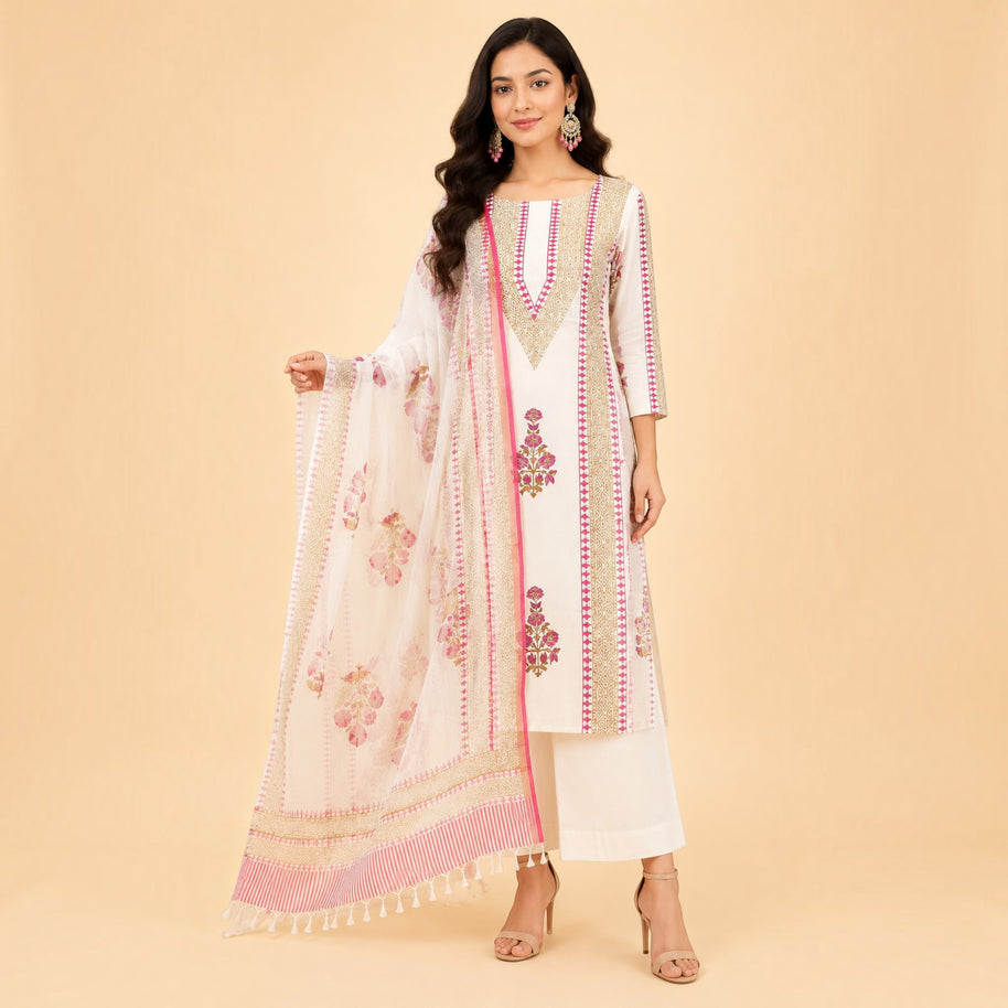 White Pink Mustard Floral Cotton Salwar Suit