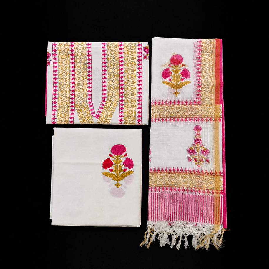 White Pink Mustard Floral Cotton Salwar Suit