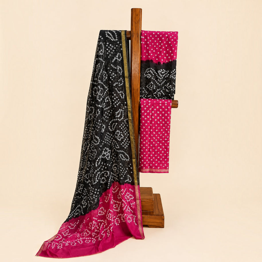 Pink Grey Modal Silk Bandhej Suit