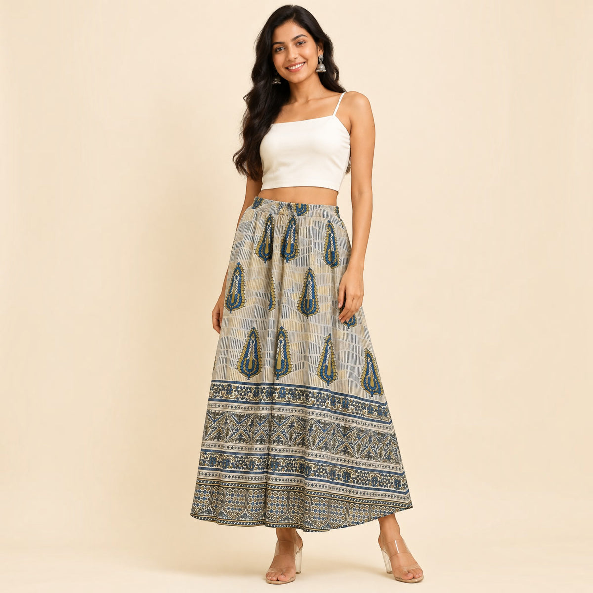 Beige Mashru Silk Skirt