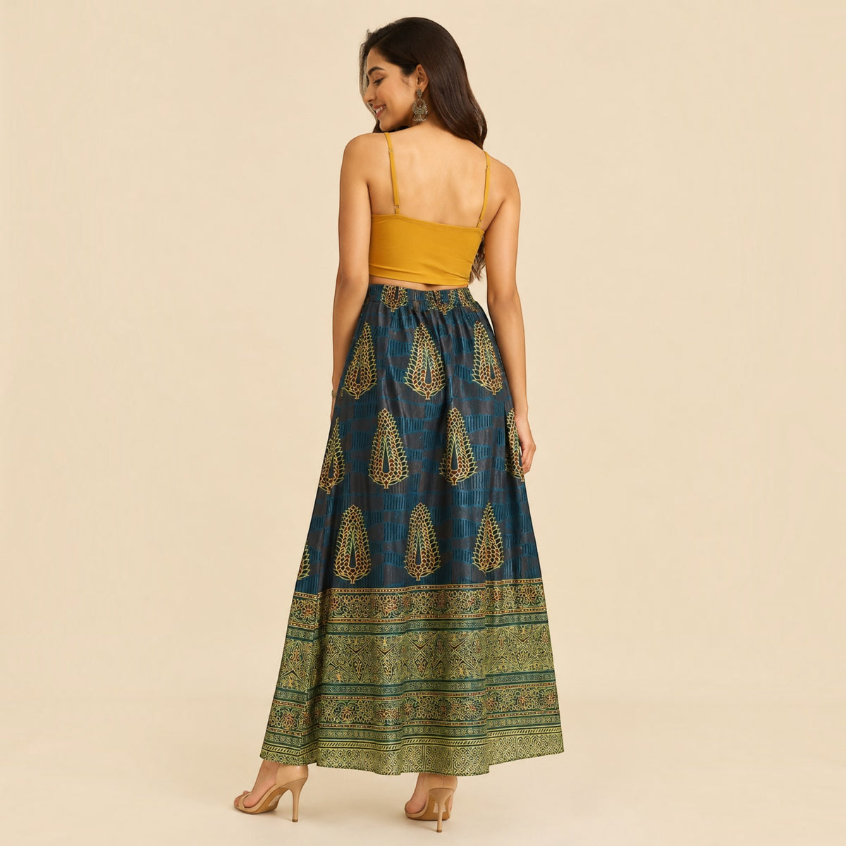 Bottle Green Mashru Silk Skirt