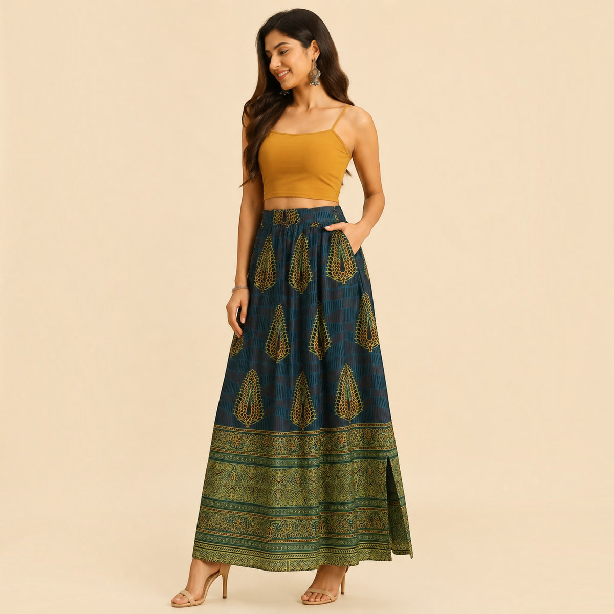 Bottle Green Mashru Silk Skirt