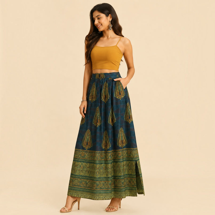 Bottle Green Mashru Silk Skirt